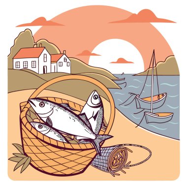 Gün batımına yakın sahil köyünde verimli bir balık avı gezisinden sonra dokuma sepetinde dinlenen taze balık. Yapay zeka üretildi. Vektör simgesi