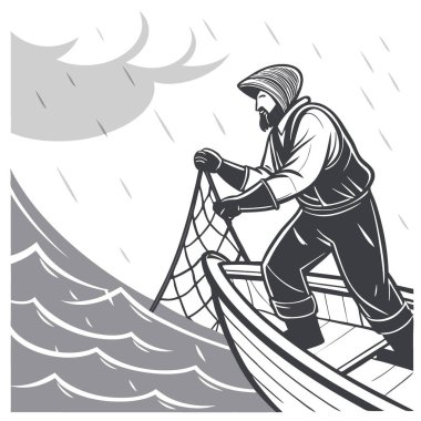 Yağmurlu bir günde teknede özenle çalışan profesyonel bir balıkçı. Çalkantılı sulara ağlar atıyorlar. Yapay zeka üretildi. Vektör simgesi