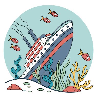 Batan bir yolcu gemisinin kıçı balık sürüsü ve canlı mercanlarla çevrili daha derine daldıkça yapay zeka ortaya çıkıyor. Vektör simgesi