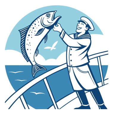 Elinde taze yakalanmış bir balığı tutan gülümseyen bir denizci. Yaz tatili ya da balık avı reklamları için mükemmel. Yapay zeka üretildi. Vektör simgesi