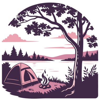 Huzurlu göl çadırı yanında kamp macerası. Alacakaranlık doğası fotoğrafçılığı. Huzurlu çevre manzarası. Yapay zeka üretildi. Vektör simgesi