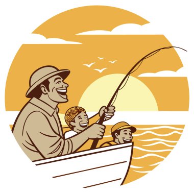 Gün batımında teknede balık tutan bir grup mutlu arkadaş. Gülümseyen adam ve arkadaşları, yapay zekanın yarattığı okyanus balıkçılığının tadını çıkarıyorlar. Vektör simgesi