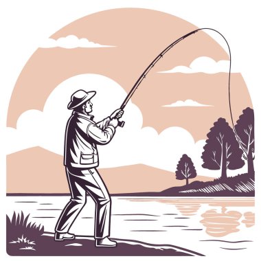 Bir balıkçı, altın saat boyunca mükemmel av için hazırlanırken sakin sulara parlak bir yem atar. Yapay zeka üretildi. Vektör simgesi