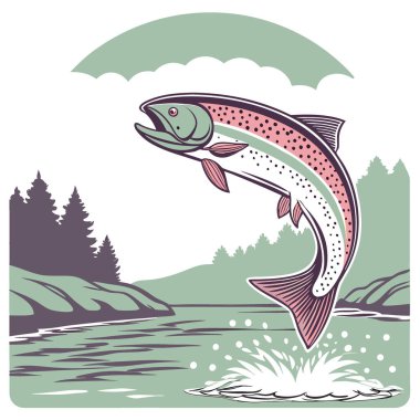 Sabahın erken saatlerinde balık avlama gezisinde alabalık çarpıcı bir hareket ve renk gösterisiyle sudan atlıyor. Yapay zeka üretildi. Vektör simgesi