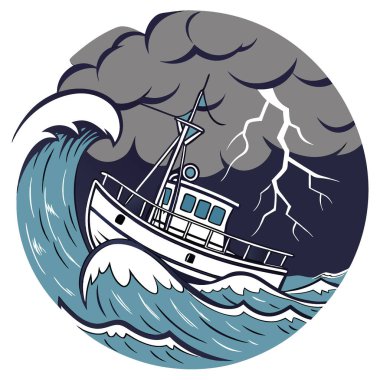 Bir balıkçı teknesi, sabahın erken saatlerinde şiddetli bir fırtınada güçlü dalgalar ve fırtınalı bir gökyüzü ile savaşır. Yapay zeka üretildi. Vektör simgesi