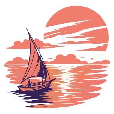 Gün batımında canlı sularda yüzen bir balıkçı teknesi. Yapay zekanın yarattığı renkli gökyüzüne çarpıcı bir siluet fırlatmak. Vektör simgesi