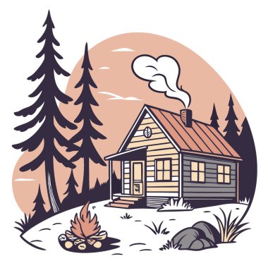 Kulübenin yakınında yanan bir ateş çukurunun olduğu rahat bir kamp alanı. Yapay zekanın yarattığı güzel bir günbatımının altında ağaçlarla çevrili. Vektör simgesi