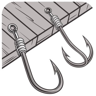 Ahşap bir masanın üzerinde duran metalik balık kancalarının yakın çekimi. Stüdyo aydınlatmasında karmaşık detaylar sergiliyor. Yapay zeka üretildi. Vektör simgesi