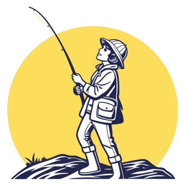 Genç bir balıkçı, canlı sarı bir arka plana karşı güvenle duruyor. Açık havada balık avlamaya hazır. Yapay zeka üretildi. Vektör simgesi