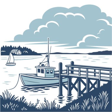 Huzurlu bir rıhtım sahnesi. Kırsal bir rıhtım var. Balıkçı teknesi Bulutlu bir gökyüzünün altında yapay zekanın ürettiği sakin mavi sular. Vektör simgesi