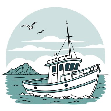 Huzurlu Sularda Bir Balıkçı Teknesinin Zarif Çizimi Deniz Hırsları ve Ev Dekorasyonu için Denizcilik Sanatı. Yapay zeka üretildi. Vektör simgesi