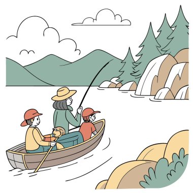 Geniş Göl 'de Aile Teknesi Gezisi Manzaraları ve Balıkçılık Maceraları. Suda Anılar Günü. Yapay zeka üretildi. Vektör simgesi