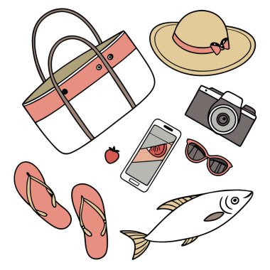 Yaz tatili için gerekli olan tek şey el çantası. Güneş gözlüğü. Parmak arası terlikler. Bir şapka. Bir telefon. Bir kamera. Bir balık. ve meyve... yapay zeka üretildi. Vektör simgesi