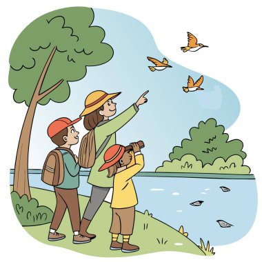 Çocuklar Göl Balıkları Gezisinde Kuşları ve Balıkları Gösteriyorlar. Aile Macerası. Yaban Hayatı Keşfi. Açık havada eğlenmek. Yapay zeka üretildi. Vektör simgesi