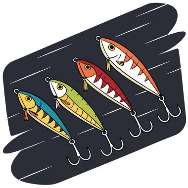 Canlı balık yemi sıraları sergileniyor. Karanlık bir yüzeye yansıyor. Doğada bir balık avına çıkmayı öneriyor. Yapay zeka üretildi. Vektör simgesi