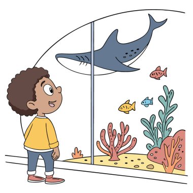 Hayvanat bahçesi akvaryumunu ziyaret eden küçük bir çocuk. Çocuk balık ve mercan izliyor. Yapay zekanın ürettiği derin deniz yaban hayatı olan büyüleyici bir çocuk. Vektör simgesi
