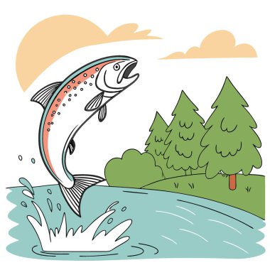 Sudan gümüş bir balık atlıyor. Bir yaz balıkçılık macerası sırasında canlı renklerini ve enerjisini sergiliyor. Yapay zeka üretildi. Vektör simgesi