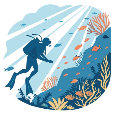 Bir dalış dalgıcı, okyanus suyunda güneş ışınları parlarken tropikal balıklarla canlı bir mercan resifini keşfeder. Yapay zeka üretildi. Vektör simgesi