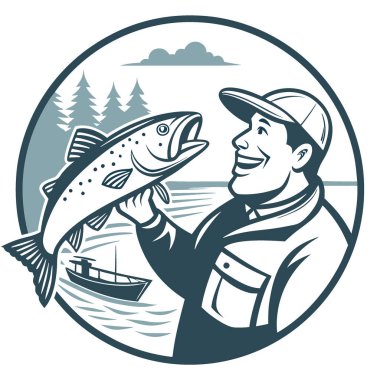 Elinde taze tutulan balıklar. Doğanın cömertliğini ve başarılı bir balık avının heyecanını gösteriyor. - Evet. Yapay zeka üretildi. Vektör simgesi