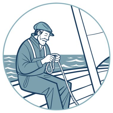 Balıkçı, yelkenlide rahat bir an yaşardı. İpi saran eller. Yıpranmış güvertenin ve denizin detayları. Yapay zeka üretildi. Vektör simgesi