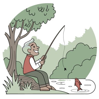 Neşeli bir gülümsemesi olan yaşlı bir adam sakin bir gölde balık tutmayı sever. Her yer yemyeşil ağaçlar ve sabah sisi ile çevrili. Vektör simgesi