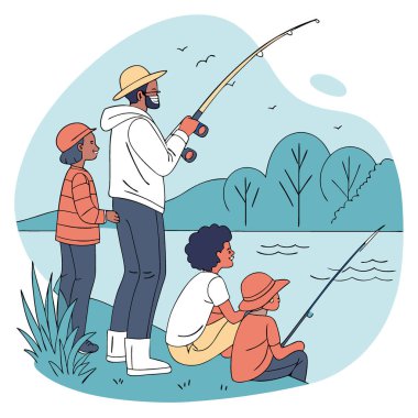Mutlu Aile Balıkçılığı Gezisi Ebeveynleri Çocuklara Güneşli bir Cumartesi sabahı nasıl balık tutulacağını öğretiyor. Birlikte anılar yaratıyoruz. Yapay zeka üretildi. Vektör simgesi