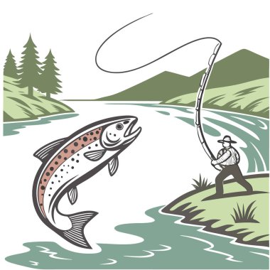 Sakin bir nehirde balık tutarken kancaya yakalanan alabalık, açık hava aktiviteleri için ideal bir ortam yaratıyor. Yapay zeka üretildi. Vektör simgesi