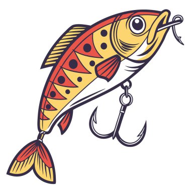 Balık tutma faaliyetleri sırasında balıkları cezbetmek için balık şeklinde tasarlanmış parlak ve renkli balık yemi. Yapay zeka üretildi. Vektör simgesi