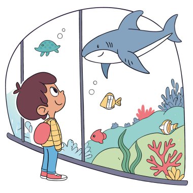 Genç bir çocuk büyük okyanus akvaryumunda sualtı harikalarına hayret eder. Yapay zekanın yarattığı canlı deniz canlılarıyla çevrili. Vektör simgesi