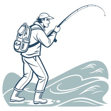 Odaklanmış bir balıkçı oltasını suya atıyor. AI 'ın ürettiği sırt çantası ve teçhizatıyla bir açık hava macerasına hazır. Vektör simgesi