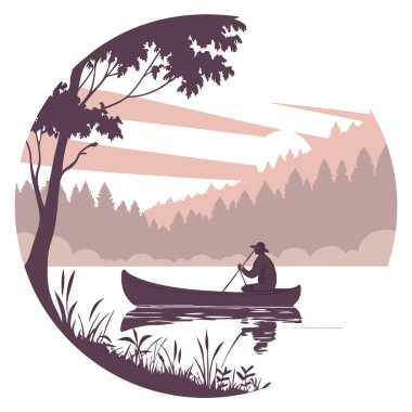 Güneşin doğuşunda kanodan balık tutanın sakin bir görüntüsü. Puslu sular ve şafağın yumuşak renkleriyle çevrili yapay zeka üretildi. Vektör simgesi