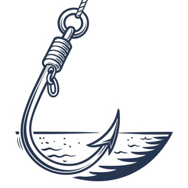 Balık Tutkunları İçin Güzel Bulanık Okyanus Suyu Arkaplanına Karşı Keskin Metal Balık Kancası. Yapay zeka üretildi. Vektör simgesi