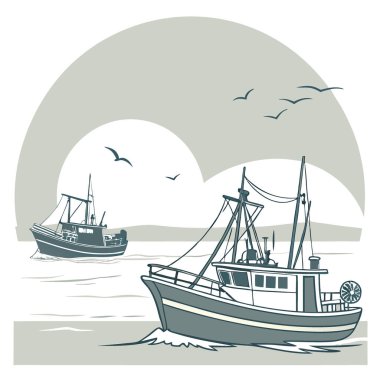 Sakin denizde, sisin içinden balıkçı tekneleri çıkar. Sabah güneşinin dağınık ışığıyla aydınlanan yapay zeka üretildi. Vektör simgesi