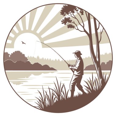 Güneşin doğuşunda balık tutmak. Huzurlu Göl Resimli Gerçekçi Kavram Üzerine Zamansız Hobisinin Zevkini Çıkaran Bir Adamın Huzurlu Görüntüsü. Yapay zeka üretildi. Vektör simgesi