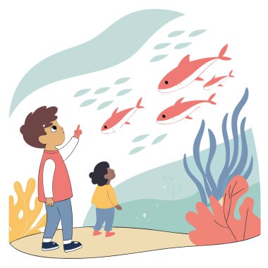 Ufaklık. Çocuk okyanusta yüzen balık sürüsünü izliyor. Çocuklar akvaryumda sualtı yaşamının tadını çıkarıyorlar. Yapay zeka üretildi. Vektör simgesi