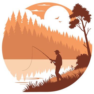 Güneşin doğuşunda Serene Gölü 'ne Puslu Orman ve Canlı Turuncu Gökyüzü Yansımaları ile Huzurlu Balıkçı Döküm Hattı. Yapay zeka üretildi. Vektör simgesi