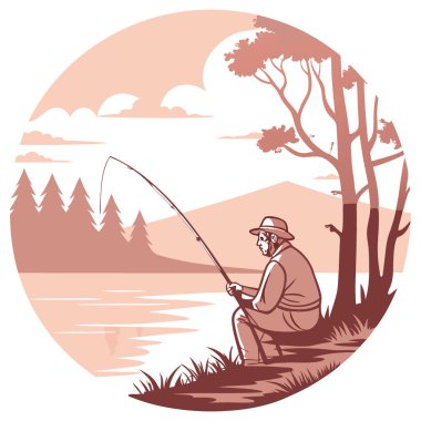 Huzurlu bir gölün kenarında, yumuşak turuncu ve pembe gökyüzü yansımalarıyla huzurlu bir gündoğumu balık avının tadını çıkaran yaşlı adam. Yapay zeka üretildi. Vektör simgesi