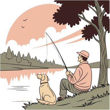 Bir adam ve sevgilisi Golden Retriever Güzel Gün Doğumu 'nda sakin bir gölde huzurlu bir balık avının tadını çıkarıyorlar. Yapay zeka üretildi. Vektör simgesi