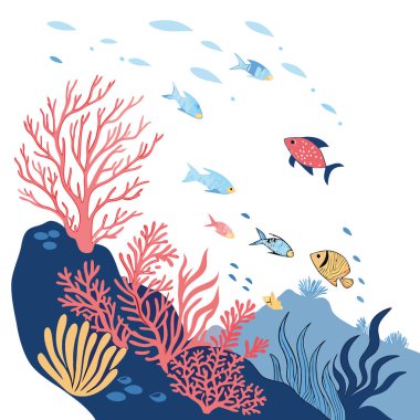 Canlı bir sualtı dünyası parlak mercan oluşumları arasında yüzen renkli balıklarla dolu bir mercan resifini sergiliyor. Yapay zeka üretildi. Vektör simgesi