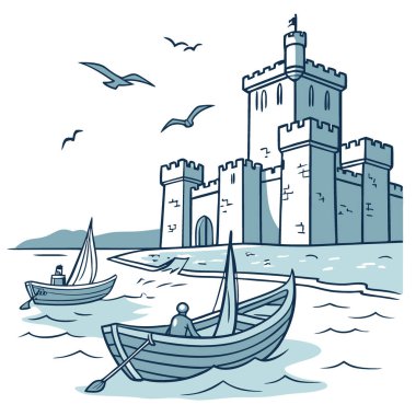 Önünde mavi balıkçı tekneleri olan bir ortaçağ kalesi ya da kalesi. Gökyüzünde uçan martılarla çevrili. Yapay zeka üretildi. Vektör simgesi