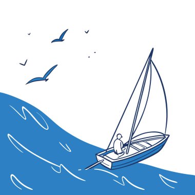 Serin, minyatür bir yelkenli, canlı, mavi bir arka planda duruyor. Yapay zekanın yarattığı huzur ve macera hissini uyandırıyor. Vektör simgesi