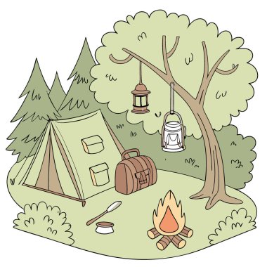 Kamp malzemeleri gerekli çadır da dahil. Fenerler. Sırt çantası. Ve doğadaki maceralar için yemek malzemeleri. Yapay zeka üretildi. Vektör simgesi