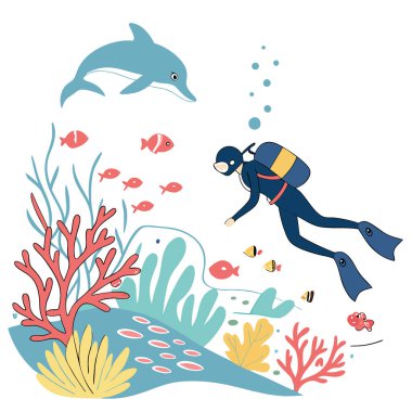Dalgıç, tropikal balıklarla çevrili canlı bir mercan resifini ve güzel bir sualtı mekanında bir yunusu keşfediyor. Yapay zeka üretildi. Vektör simgesi