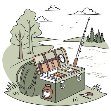 Göl kıyısında çeşitli ekipmanlarla dolu bir balık torbası. Açık hava malzemesi kavramı. Balık malzemeleri. Oltaya. Ve seyahat. Yapay zeka üretildi. Vektör simgesi