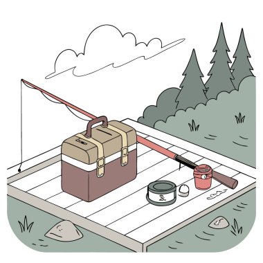 Balıkçılık malzemeleri ahşap bir rıhtıma konmuş. Bir günlük balığa hazırım. Açık hava ve balıkçılıkla ilgili konular için uygun. Yapay zeka üretildi. Vektör simgesi