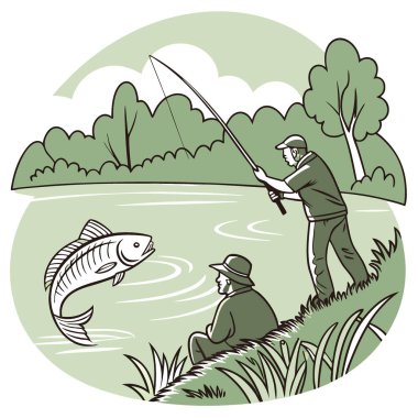 Gölde balık avı. Büyük sazan, Angling 'i yakaladıktan sonra suya geri döndü. Yakala ve serbest bırak sporunu. Yapay zeka üretildi. Vektör simgesi