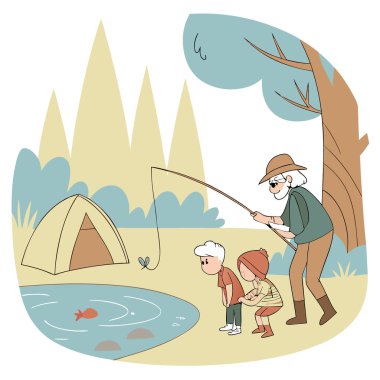Büyük ebeveynler torunlarına bir aile kamp gezisi sırasında huzurlu bir gölün kenarında nasıl balık tutacaklarını öğretiyor. Yapay zeka üretildi. Vektör simgesi