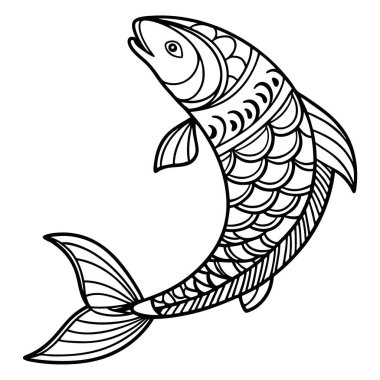 Karmaşık balık deseni. Çizgi çizimi katı beyaz arkaplanda izole edildi. 32 bin. Tam ultra HD. Yüksek çözünürlük Yapay zeka üretildi. Vektör simgesi