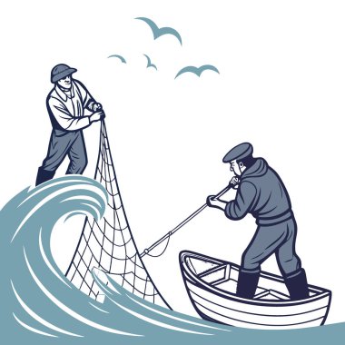 Sabahın ilk ışıklarıyla çevrelerinde dalgalar çakılırken iki balıkçı teknelerine balık dolu bir ağ çekiyor. - Evet. Yapay zeka üretildi. Vektör simgesi