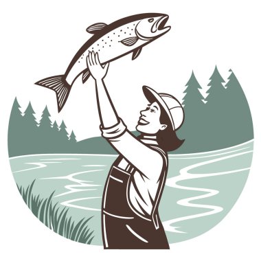 Suyun üstünde elinde taze bir balığı tutan bir insan. Yapay Zeka 'nın yaptığı başarılı bir balık avının görüntülerini sergiliyorum. Vektör simgesi